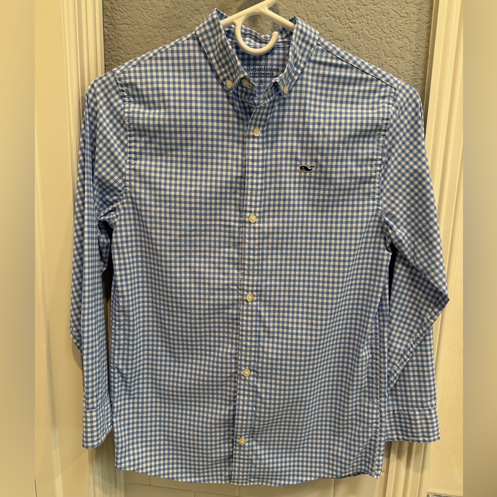 Vineyard Vines Boys Newport Blue Gingham Performance Shirt